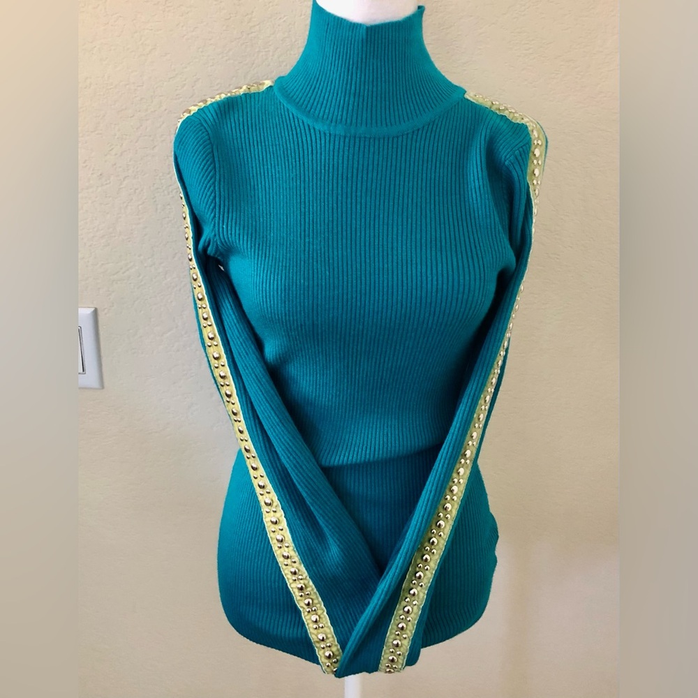 Cache Turquoise Ribbed Knit Turtleneck w/ Lime Green Velvet on Sleeves